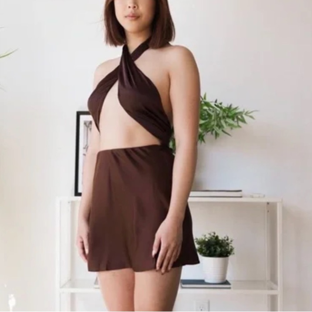 Silky Brown Halter Cross Front Cotton Candy LA Brown Dress